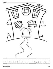 Free printable haunted house Halloween coloring page and word tracing worksheet, perfect for preschool, pre-k, and kindergarten, PDF