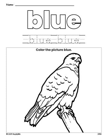 Free hawk color blue coloring page and color worksheet, blue worksheet for preschoolers to learn colors, printable PDF