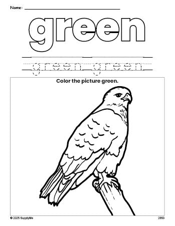 Free hawk color green coloring page and color worksheet, green worksheet for preschoolers to learn colors, printable PDF