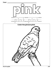 Free hawk color pink coloring page and color worksheet, pink worksheet for preschoolers to learn colors, printable PDF