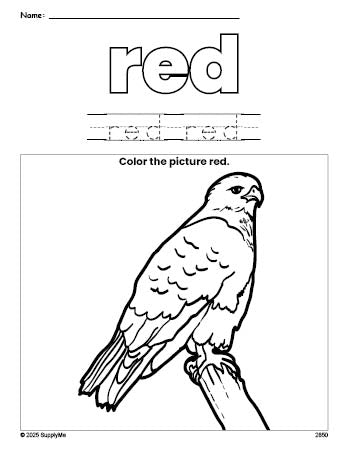 Free hawk color red coloring page and color worksheet, red worksheet for preschoolers to learn colors, printable PDF