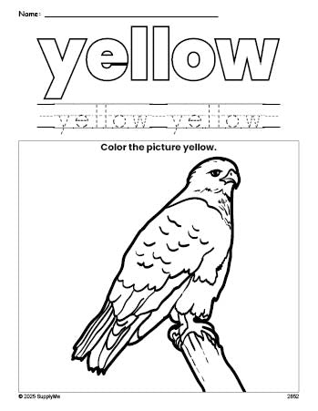 Free hawk color yellow coloring page and color worksheet, yellow worksheet for preschoolers to learn colors, printable PDF