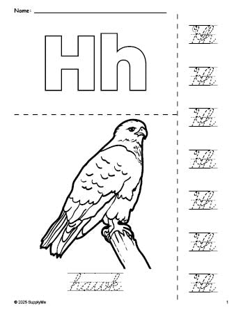 Free printable hawk coloring page and cursive letter tracing worksheet, letter h worksheet for preschool, pre-k, and kindergarten, PDF