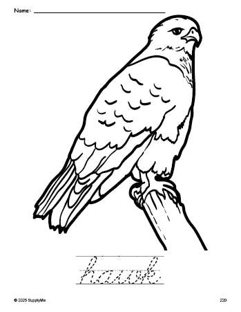 Free printable hawk coloring page and cursive word tracing worksheet, perfect for preschool, pre-k, and kindergarten, PDF