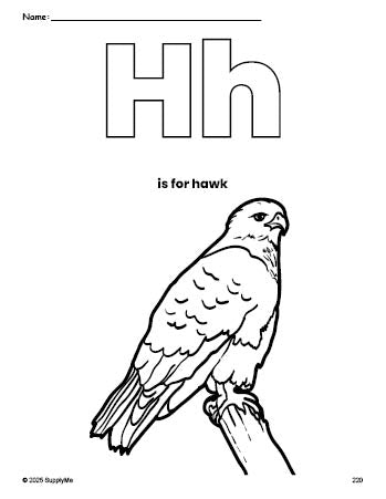 Free printable hawk coloring page, letter h coloring page for preschool, pre-k, and kindergarten, PDF