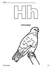 Free printable hawk coloring page, letter h coloring page for preschool, pre-k, and kindergarten, PDF