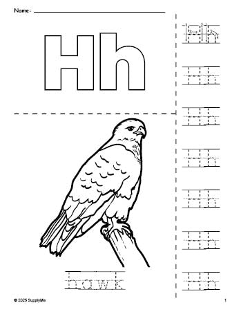 Free printable hawk coloring page and letter tracing worksheet, letter h worksheet for preschool, pre-k, and kindergarten, PDF