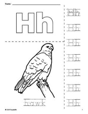 Free printable hawk coloring page and letter tracing worksheet, letter h worksheet for preschool, pre-k, and kindergarten, PDF