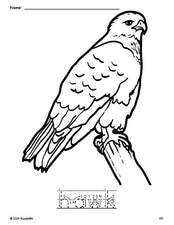 Free printable hawk coloring page and word tracing worksheet, letter formation guides, perfect for preschool, pre-k, and kindergarten, PDF