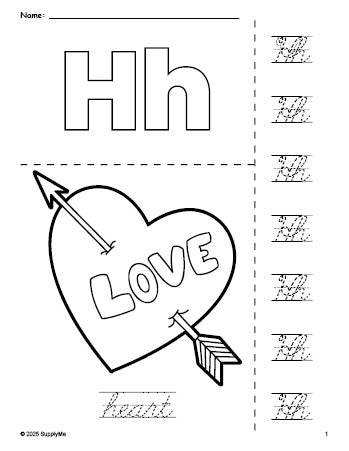 Free printable heart Valentine's Day coloring page and cursive letter tracing worksheet, letter h worksheet for preschool, pre-k, and kindergarten, PDF