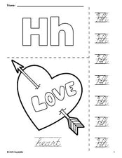 Free printable heart Valentine's Day coloring page and cursive letter tracing worksheet, letter h worksheet for preschool, pre-k, and kindergarten, PDF