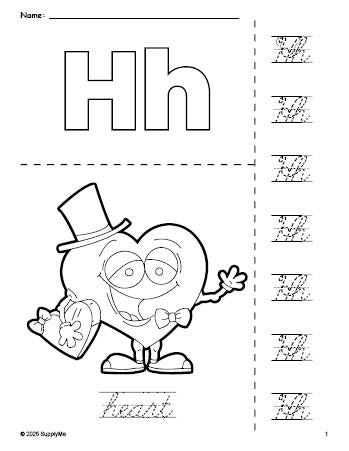 Free printable heart Valentine's Day coloring page and cursive letter tracing worksheet, letter h worksheet for preschool, pre-k, and kindergarten, PDF