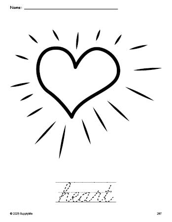 Free printable heart Valentine's Day coloring page and cursive word tracing worksheet, perfect for preschool, pre-k, and kindergarten, PDF