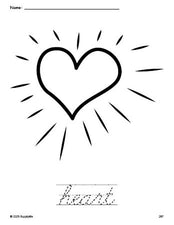 Free printable heart Valentine's Day coloring page and cursive word tracing worksheet, perfect for preschool, pre-k, and kindergarten, PDF