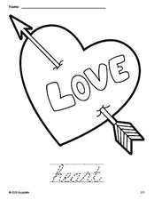 Free printable heart Valentine's Day coloring page and cursive word tracing worksheet, perfect for preschool, pre-k, and kindergarten, PDF