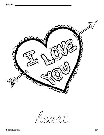 Free printable heart Valentine's Day coloring page and cursive word tracing worksheet, perfect for preschool, pre-k, and kindergarten, PDF