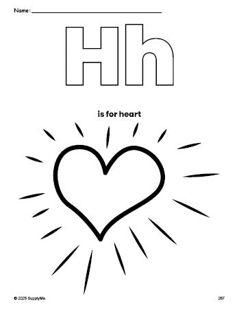 Free printable heart Valentine's Day coloring page, letter h coloring page for preschool, pre-k, and kindergarten, PDF