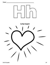 Free printable heart Valentine's Day coloring page, letter h coloring page for preschool, pre-k, and kindergarten, PDF