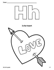 Free printable heart Valentine's Day coloring page, letter h coloring page for preschool, pre-k, and kindergarten, PDF