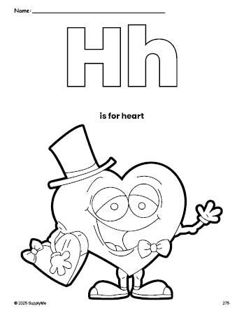 Free printable heart Valentine's Day coloring page, letter h coloring page for preschool, pre-k, and kindergarten, PDF