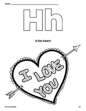 Free printable heart Valentine's Day coloring page, letter h coloring page for preschool, pre-k, and kindergarten, PDF