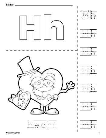 Free printable heart Valentine's Day coloring page and letter tracing worksheet, letter h worksheet for preschool, pre-k, and kindergarten, PDF