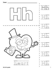 Free printable heart Valentine's Day coloring page and letter tracing worksheet, letter h worksheet for preschool, pre-k, and kindergarten, PDF