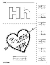 Free printable heart Valentine's Day coloring page and letter tracing worksheet, letter h worksheet for preschool, pre-k, and kindergarten, PDF