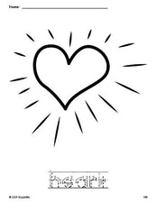 Free printable heart Valentine's Day coloring page and word tracing worksheet, letter formation guides, perfect for preschool, pre-k, and kindergarten, PDF