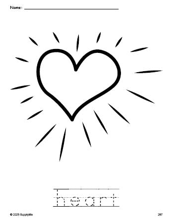 Free printable heart Valentine's Day coloring page and word tracing worksheet, perfect for preschool, pre-k, and kindergarten, PDF