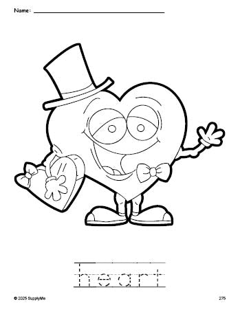 Free printable heart Valentine's Day coloring page and word tracing worksheet, perfect for preschool, pre-k, and kindergarten, PDF