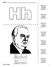 Free printable Herbert Hoover Presidents' Day coloring page and cursive letter tracing worksheet, letter h worksheet for preschool, pre-k, and kindergarten, PDF