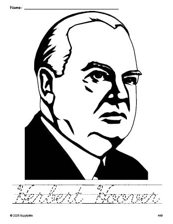 Free printable Herbert Hoover Presidents' Day coloring page and cursive word tracing worksheet, perfect for preschool, pre-k, and kindergarten, PDF