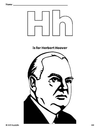 Free printable Herbert Hoover Presidents' Day coloring page, letter h coloring page for preschool, pre-k, and kindergarten, PDF