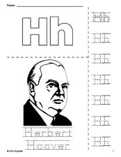 Free printable Herbert Hoover Presidents' Day coloring page and letter tracing worksheet, letter h worksheet for preschool, pre-k, and kindergarten, PDF