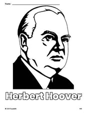 Free printable Herbert Hoover Presidents' Day coloring page for preschool, pre-k, and kindergarten, PDF