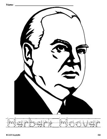 Free printable Herbert Hoover Presidents' Day coloring page and word tracing worksheet, letter formation guides, perfect for preschool, pre-k, and kindergarten, PDF