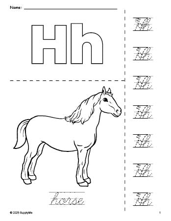 Free printable horse coloring page and cursive letter tracing worksheet, letter h worksheet for preschool, pre-k, and kindergarten, PDF