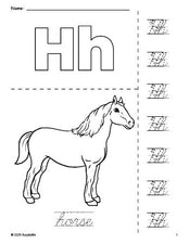 Free printable horse coloring page and cursive letter tracing worksheet, letter h worksheet for preschool, pre-k, and kindergarten, PDF