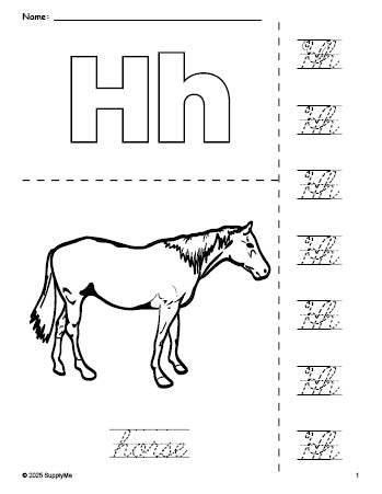 Free printable horse coloring page and cursive letter tracing worksheet, letter h worksheet for preschool, pre-k, and kindergarten, PDF