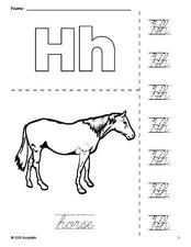 Free printable horse coloring page and cursive letter tracing worksheet, letter h worksheet for preschool, pre-k, and kindergarten, PDF