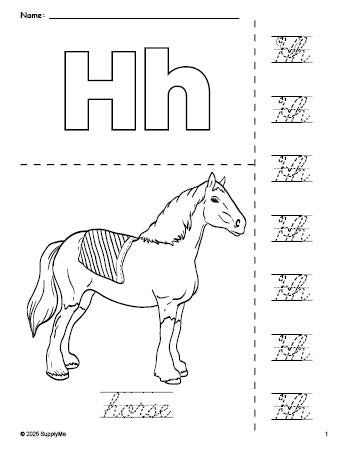 Free printable horse coloring page and cursive letter tracing worksheet, letter h worksheet for preschool, pre-k, and kindergarten, PDF