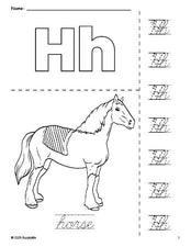 Free printable horse coloring page and cursive letter tracing worksheet, letter h worksheet for preschool, pre-k, and kindergarten, PDF