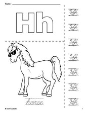 Free printable horse coloring page and cursive letter tracing worksheet, letter h worksheet for preschool, pre-k, and kindergarten, PDF