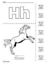 Free printable horse coloring page and cursive letter tracing worksheet, letter h worksheet for preschool, pre-k, and kindergarten, PDF