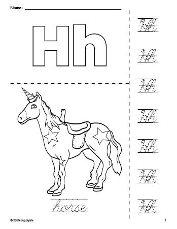 Free printable horse coloring page and cursive letter tracing worksheet, letter h worksheet for preschool, pre-k, and kindergarten, PDF