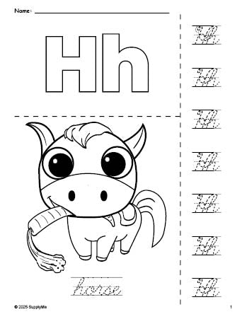 Free printable horse coloring page and cursive letter tracing worksheet, letter h worksheet for preschool, pre-k, and kindergarten, PDF