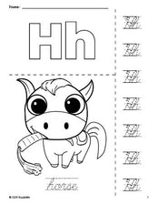 Free printable horse coloring page and cursive letter tracing worksheet, letter h worksheet for preschool, pre-k, and kindergarten, PDF