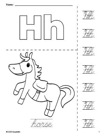 Free printable horse coloring page and cursive letter tracing worksheet, letter h worksheet for preschool, pre-k, and kindergarten, PDF