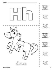 Free printable horse coloring page and cursive letter tracing worksheet, letter h worksheet for preschool, pre-k, and kindergarten, PDF